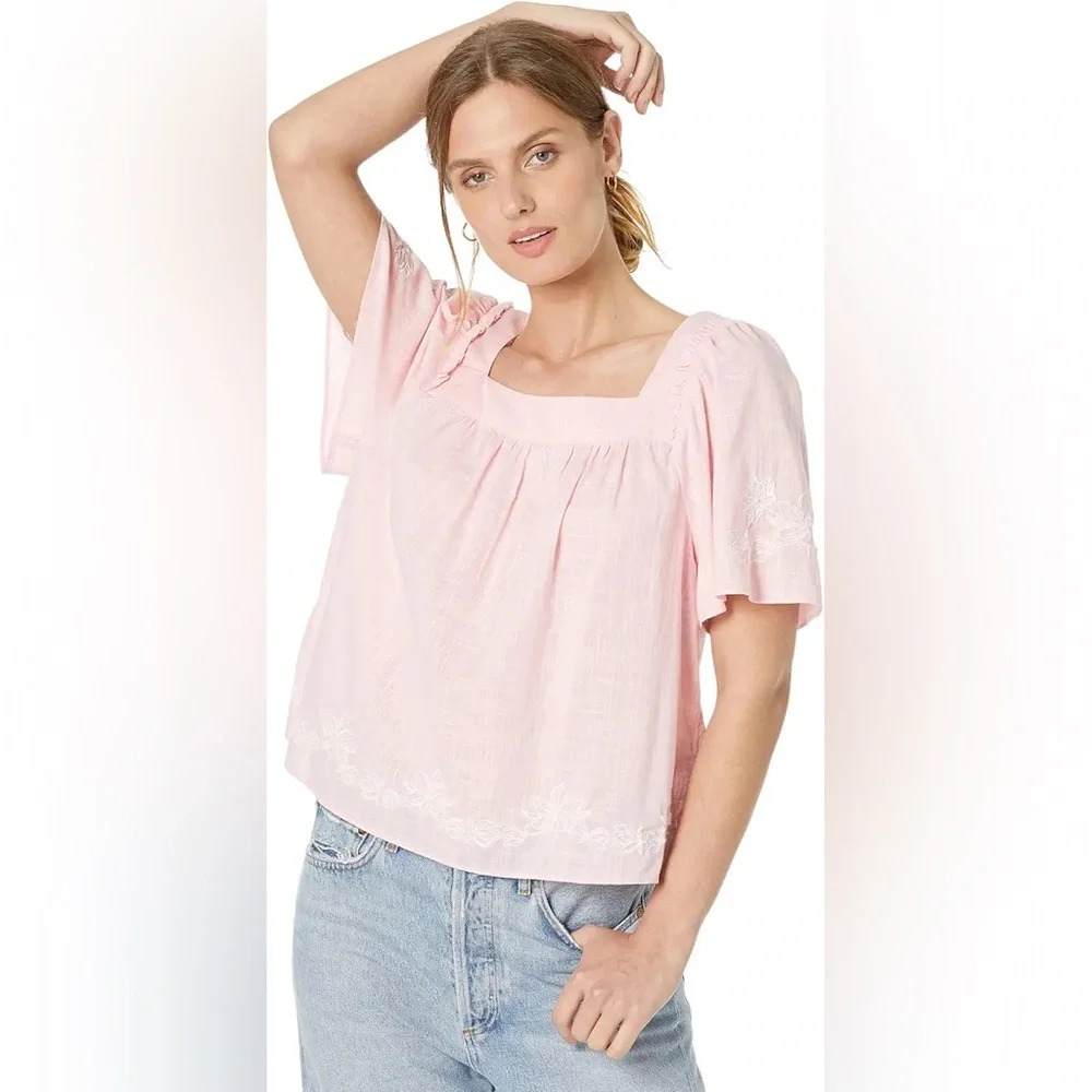 Draper James Light Pink Square-Neck Embroidered Cotton Blouse